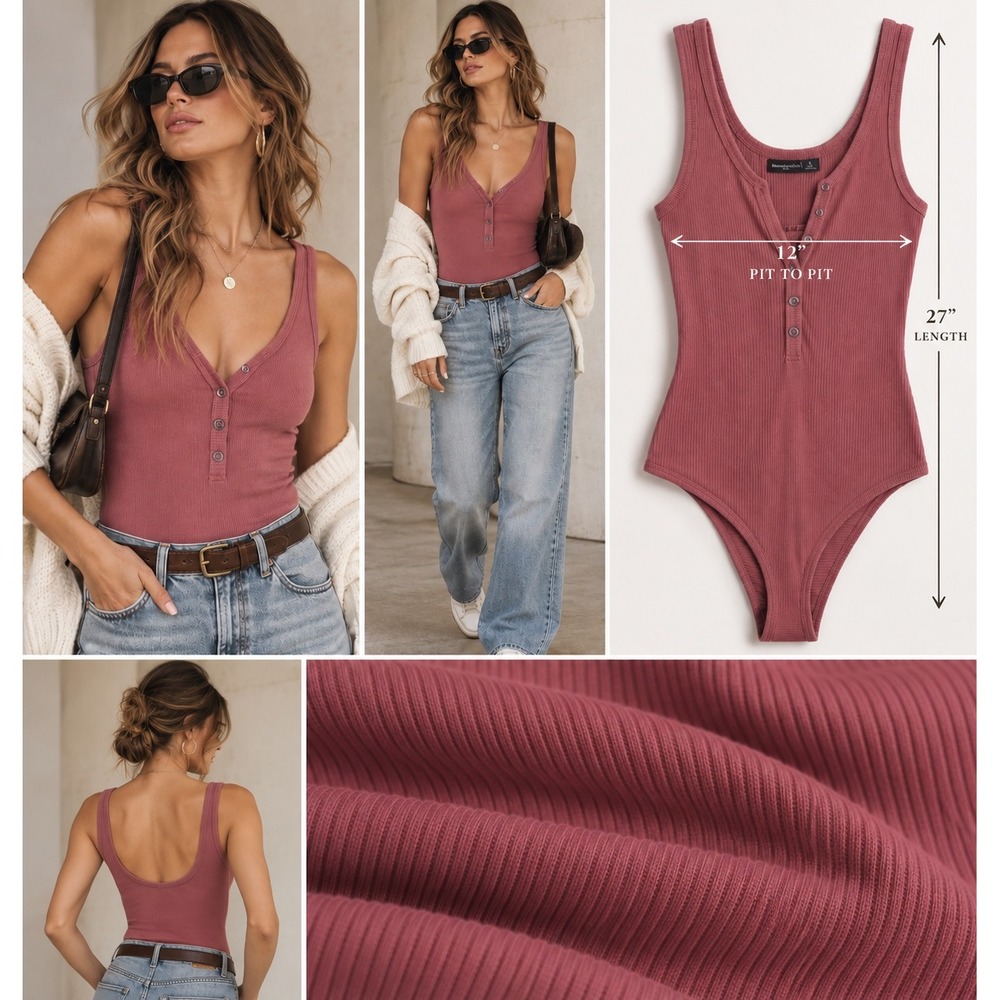 Abercrombie & Fitch Bodysuit Womens S Mauve Ribbed Henley Y2K Coquette Tank